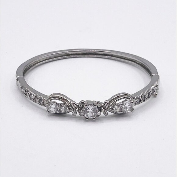 Silver Tone Cubic Zirconia Hinged Bangle Bracelet Vintage Style Three Stone - Picture 7 of 9